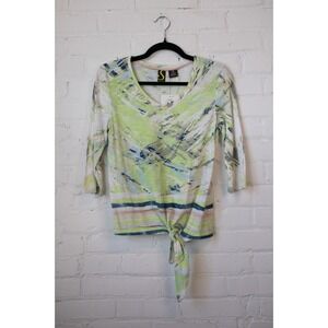 Sportelle Abstract Print Tie Front V-Neck Top Lime Green Blue PS Cotton Modal